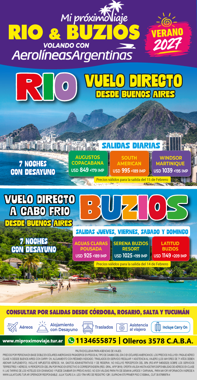 RIO y BUZIOS - VUELOS DIRECTOS con AEROLINEAS - VERANO 2027